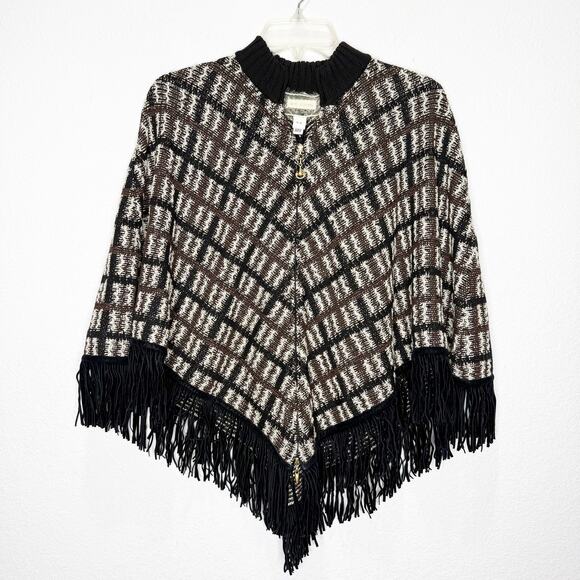 St. John Wool Fringe Check Preppy Fringe Poncho Knit Quiet Luxury Elegant - Picture 1 of 12